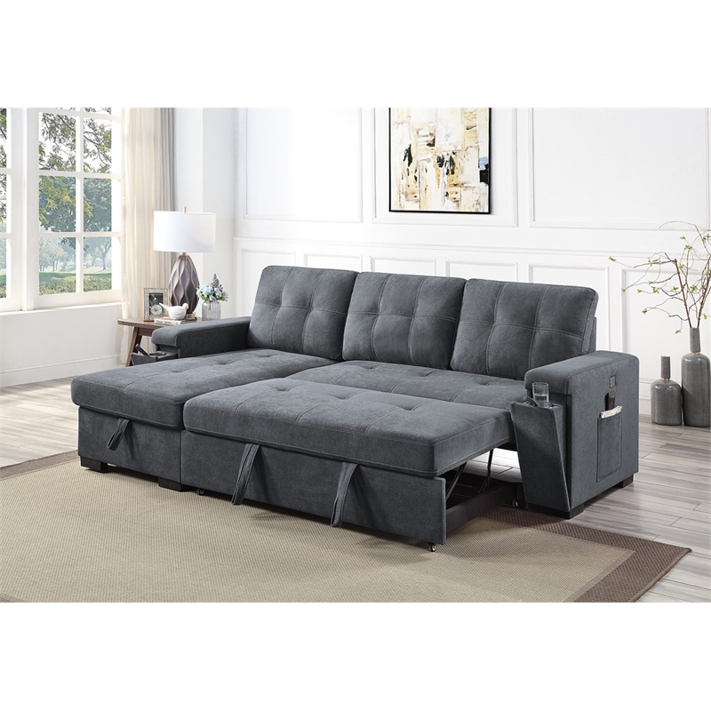 Maklaine Fabric Reversible Sleeper Sofa with Storage Cup Holder USB in Gray