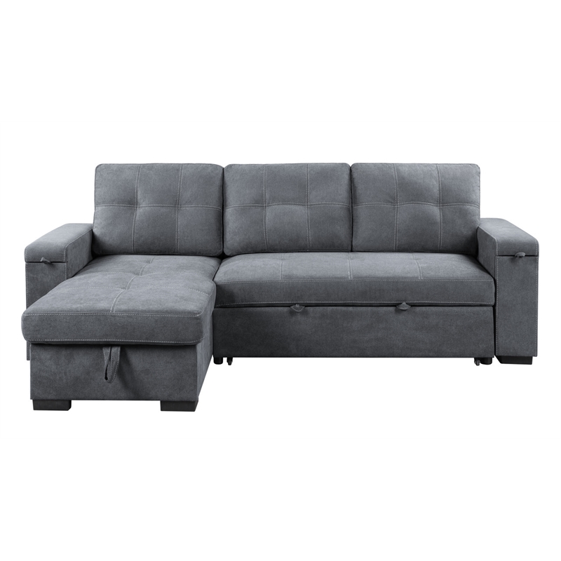 Maklaine Fabric Reversible Sleeper Sofa with Storage Cup Holder USB in Gray