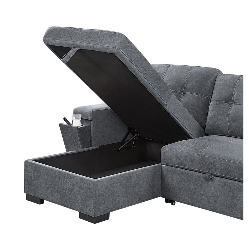 Maklaine Fabric Reversible Sleeper Sofa with Storage Cup Holder USB in Gray