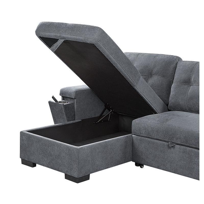 Maklaine Fabric Reversible Sleeper Sofa with Storage Cup Holder USB in Gray