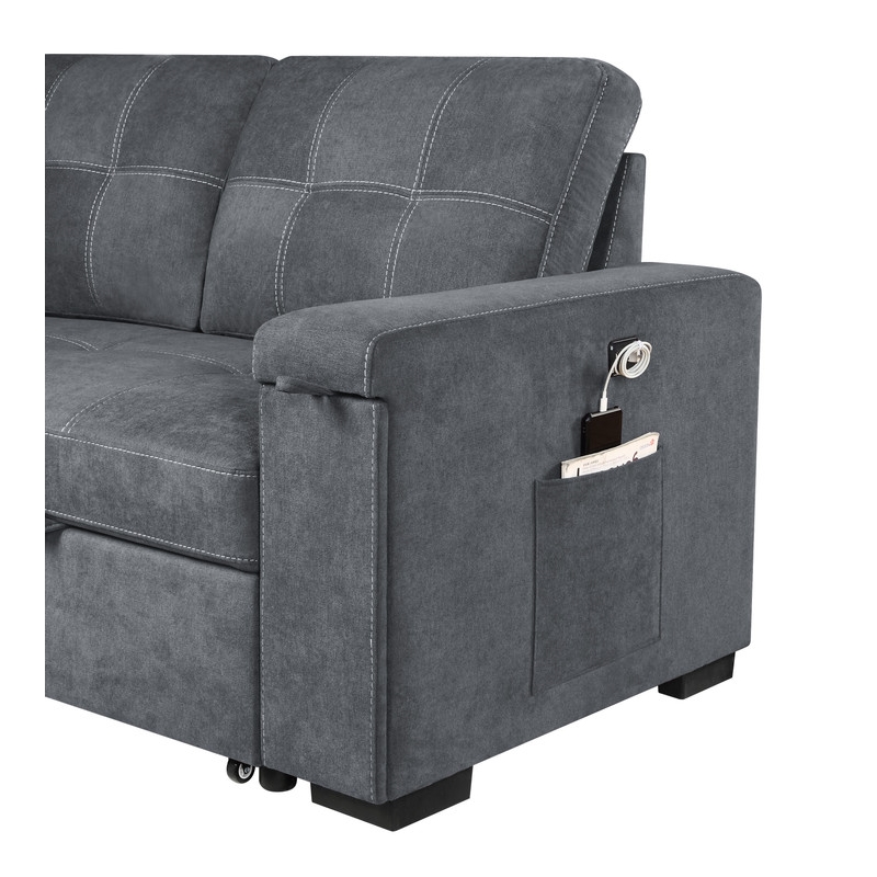 Maklaine Fabric Reversible Sleeper Sofa with Storage Cup Holder USB in Gray