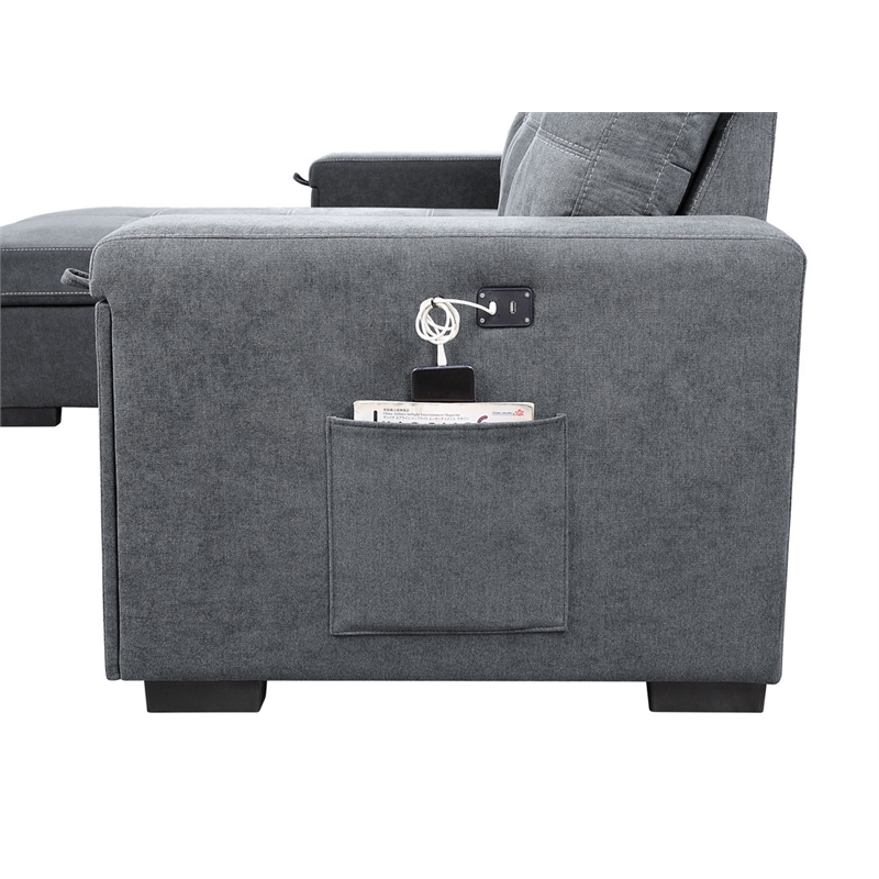 Maklaine Fabric Reversible Sleeper Sofa with Storage Cup Holder USB in Gray