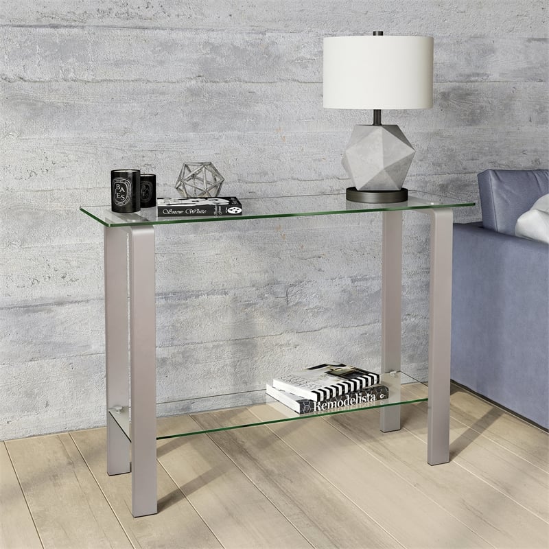 Maklaine Contemporary Console Table in Nickel and Gray