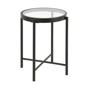 Maklaine Contemporary Metal 18&quot Round Glass Top End Table in Black and Bronze