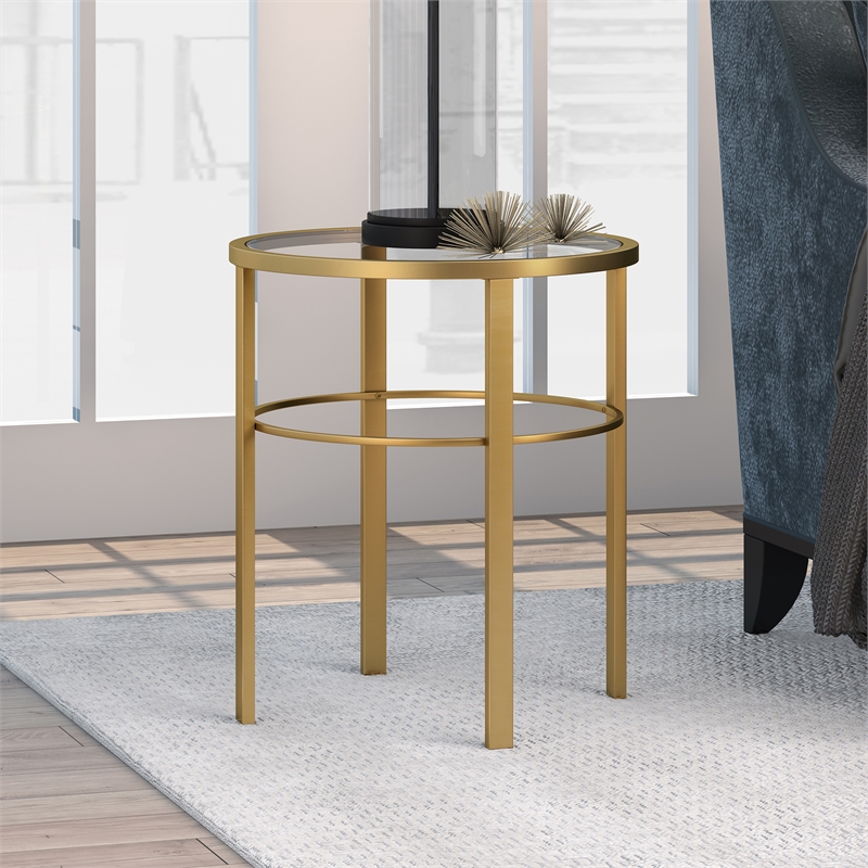 Maklaine Contemporary Side Table with Glass Top in Brass Finish