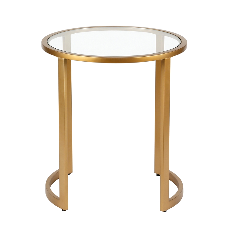 Maklaine Contemporary Metal Double Pedastal Side Table in Brass Finish