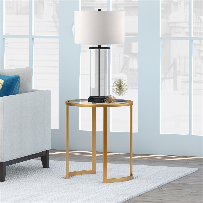 Maklaine Contemporary Metal Double Pedastal Side Table in Brass Finish