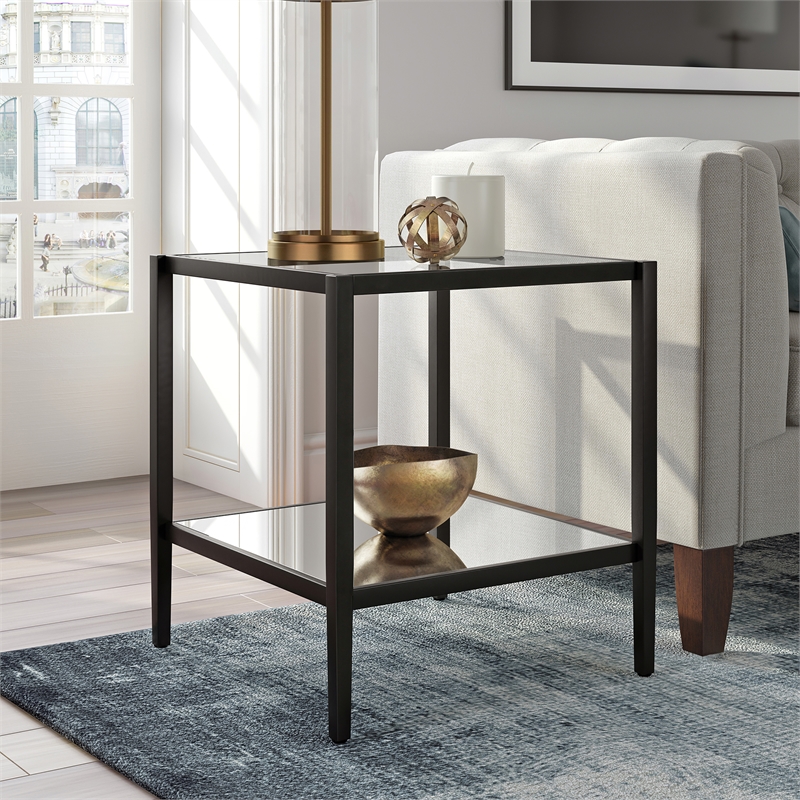 Maklaine Contemporary Metal Glam Side Table with Mirrored Shelf in Black