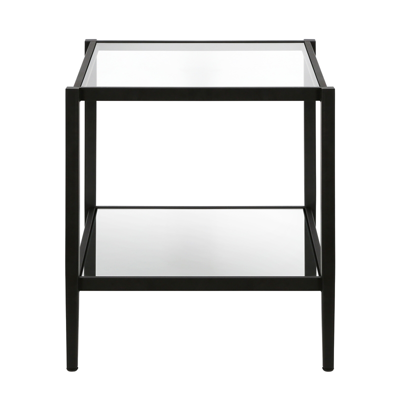 Maklaine Contemporary Metal Glam Side Table with Mirrored Shelf in Black