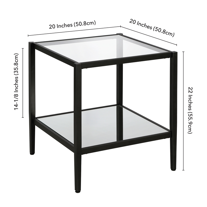 Maklaine Contemporary Metal Glam Side Table with Mirrored Shelf in Black