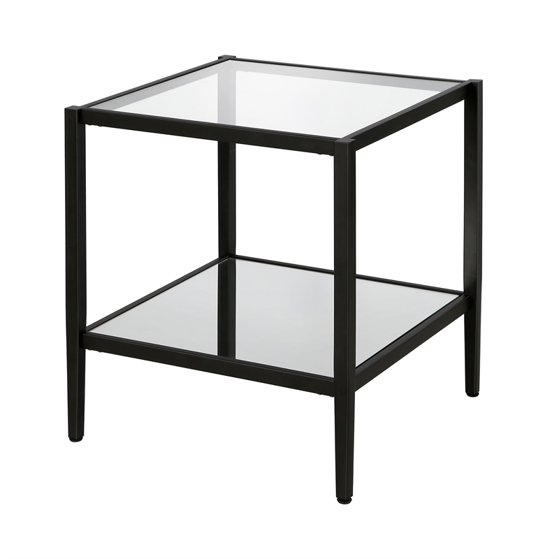 Maklaine Contemporary Metal Glam Side Table with Mirrored Shelf in Black