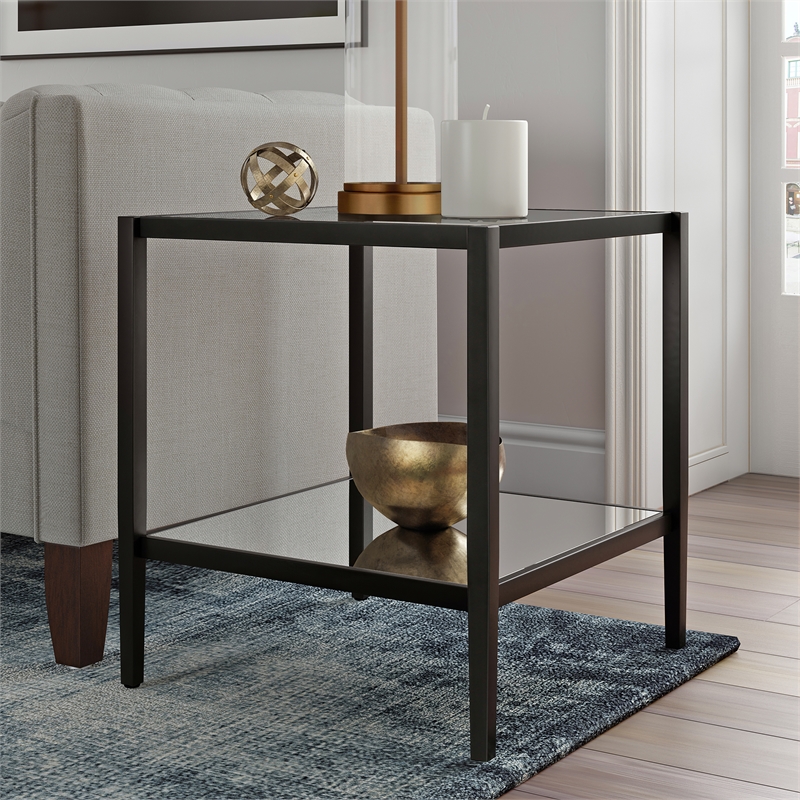 Maklaine Contemporary Metal Glam Side Table with Mirrored Shelf in Black