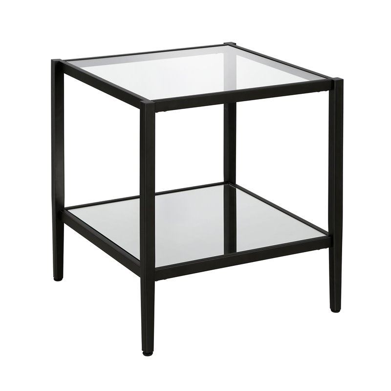 Maklaine Contemporary Metal Glam Side Table with Mirrored Shelf in Black