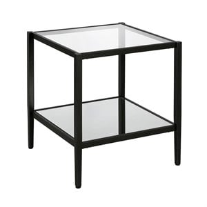 Maklaine Contemporary Metal Glam Side Table with Mirrored Shelf in Black