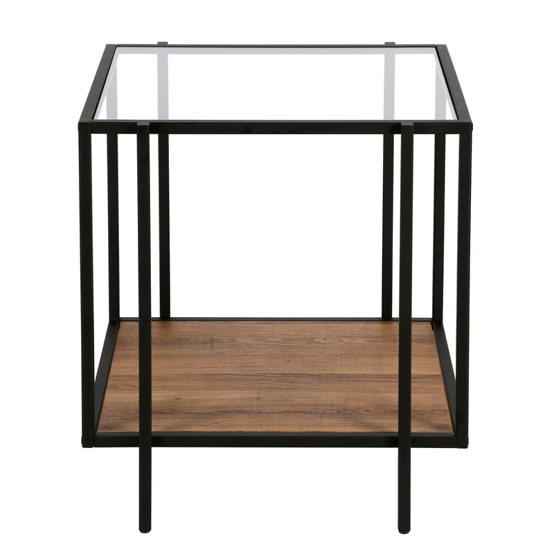 Maklaine Mid-Century Rustic Oak Side Table in Black/Bronze