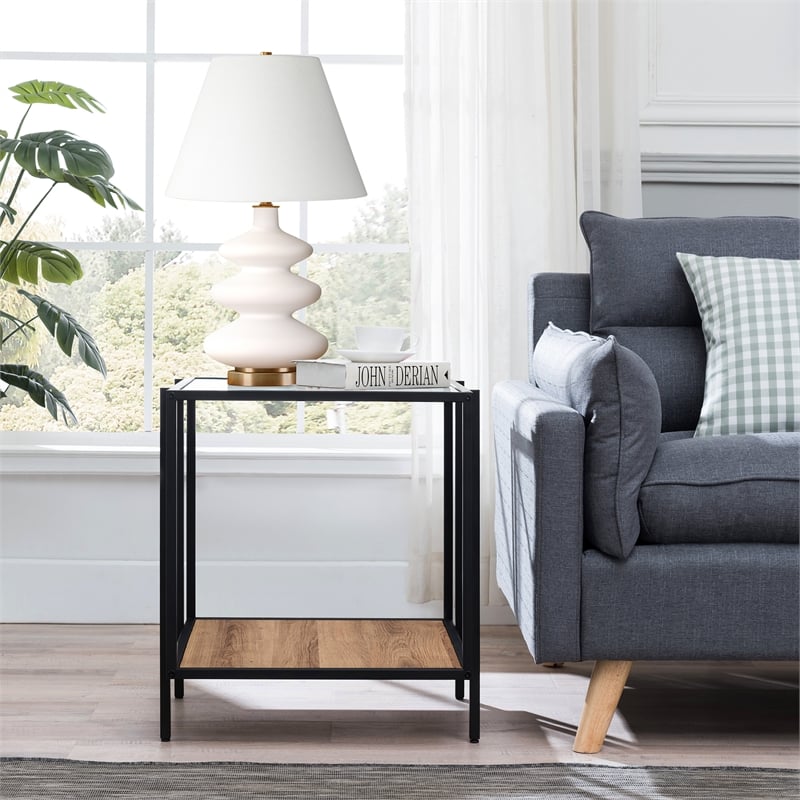 Maklaine Mid-Century Rustic Oak Side Table in Black/Bronze
