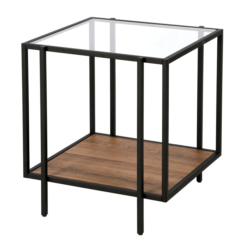 Maklaine Mid-Century Rustic Oak Side Table in Black/Bronze