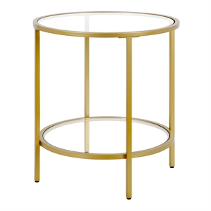 Maklaine Contemporary Round Side Table with Glass Shelf in Brass Finish