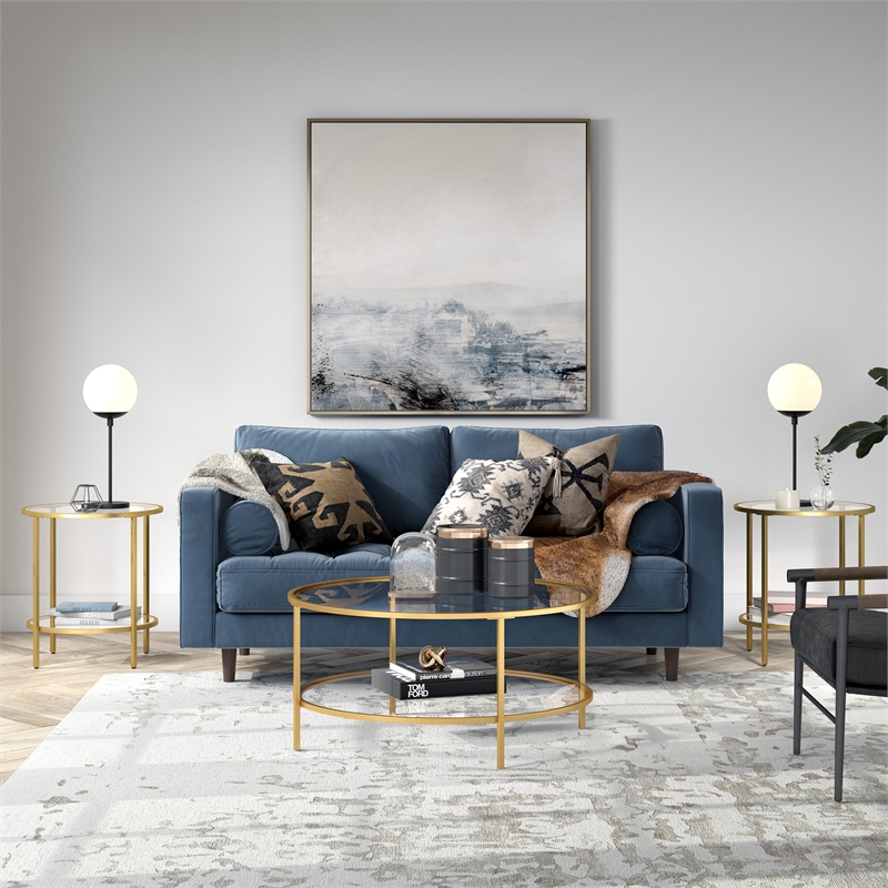 Maklaine Contemporary Round Side Table with Glass Shelf in Brass Finish