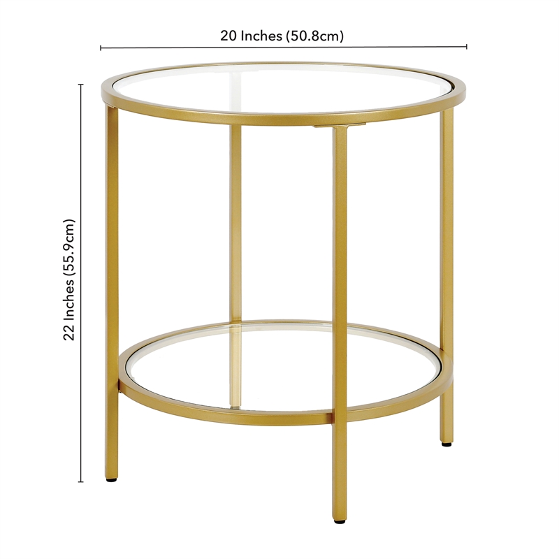 Maklaine Contemporary Round Side Table with Glass Shelf in Brass Finish