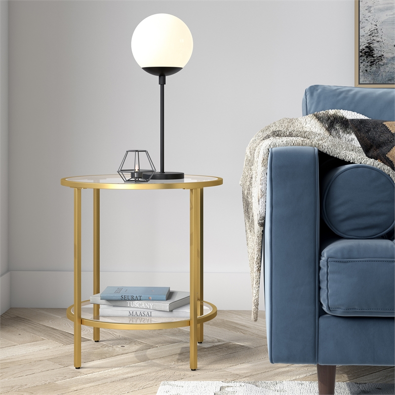 Maklaine Contemporary Round Side Table with Glass Shelf in Brass Finish
