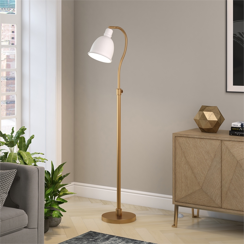 Maklaine Contemporary Floor Lamp with White Shade in Brass