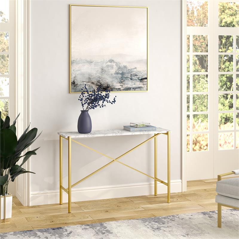 Maklaine Contemporary Console Table with Faux Marble Top in Gold Finish
