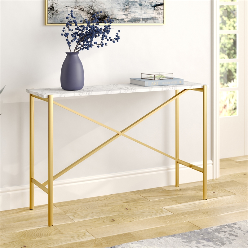 Maklaine Contemporary Console Table with Faux Marble Top in Gold Finish