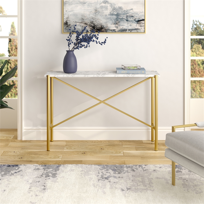 Maklaine Contemporary Console Table with Faux Marble Top in Gold Finish