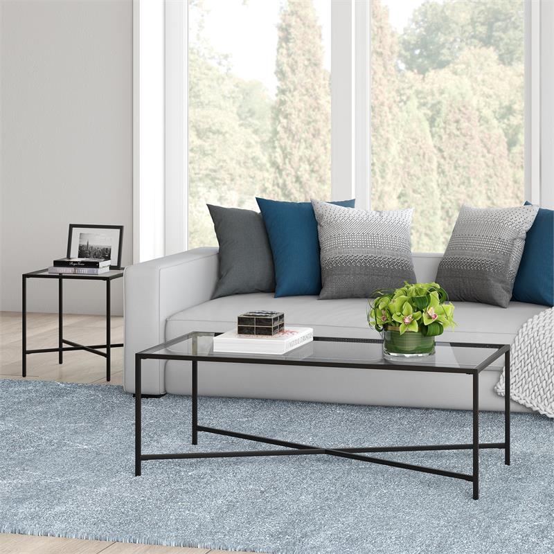 Maklaine Contemporary Coffee Table with Glass Top in Black/Bronze