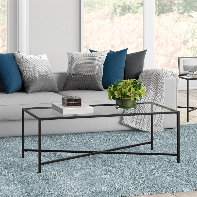 Maklaine Contemporary Coffee Table with Glass Top in Black/Bronze