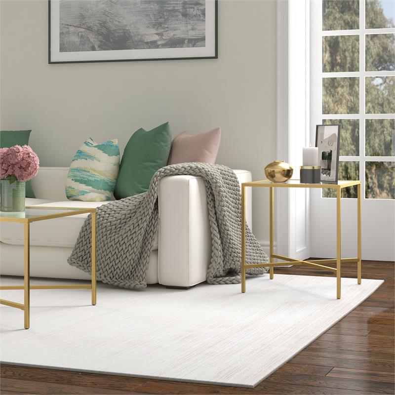 Maklaine Contemporary Side Table with Glass Tabletop in Brass Finish
