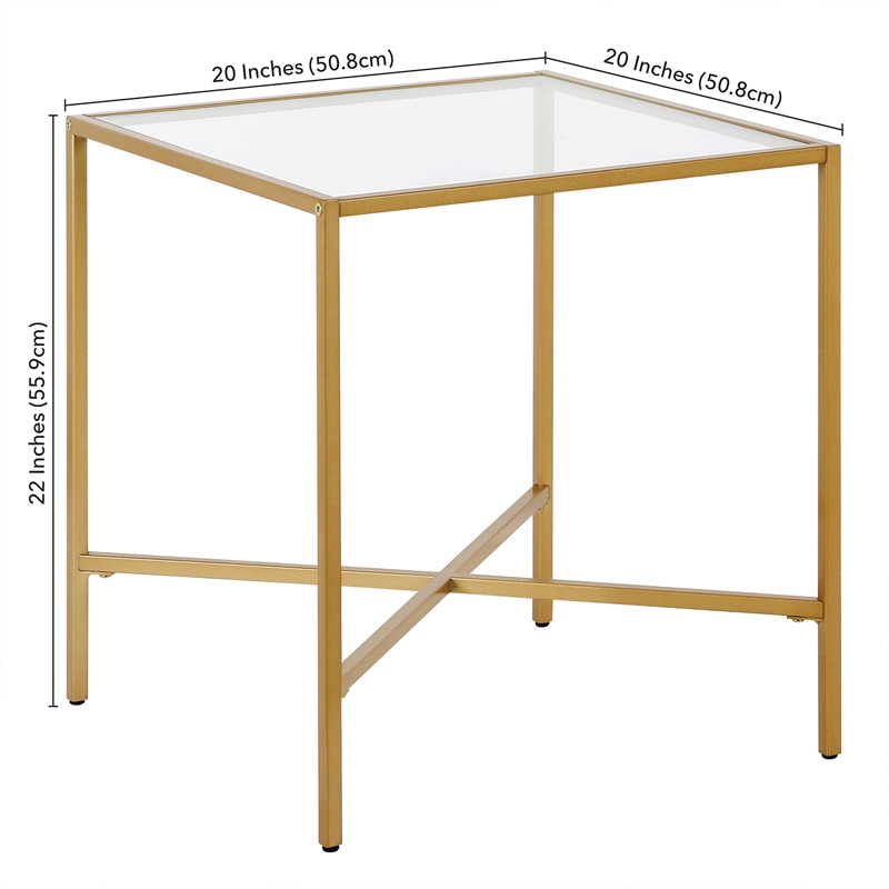 Maklaine Contemporary Side Table with Glass Tabletop in Brass Finish