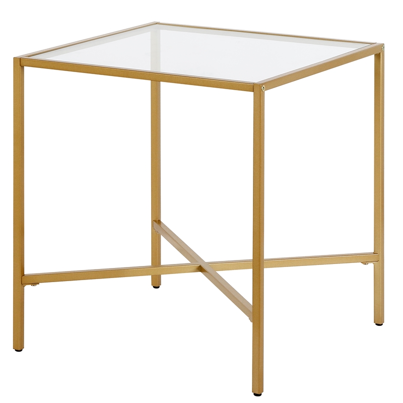 Maklaine Contemporary Side Table with Glass Tabletop in Brass Finish