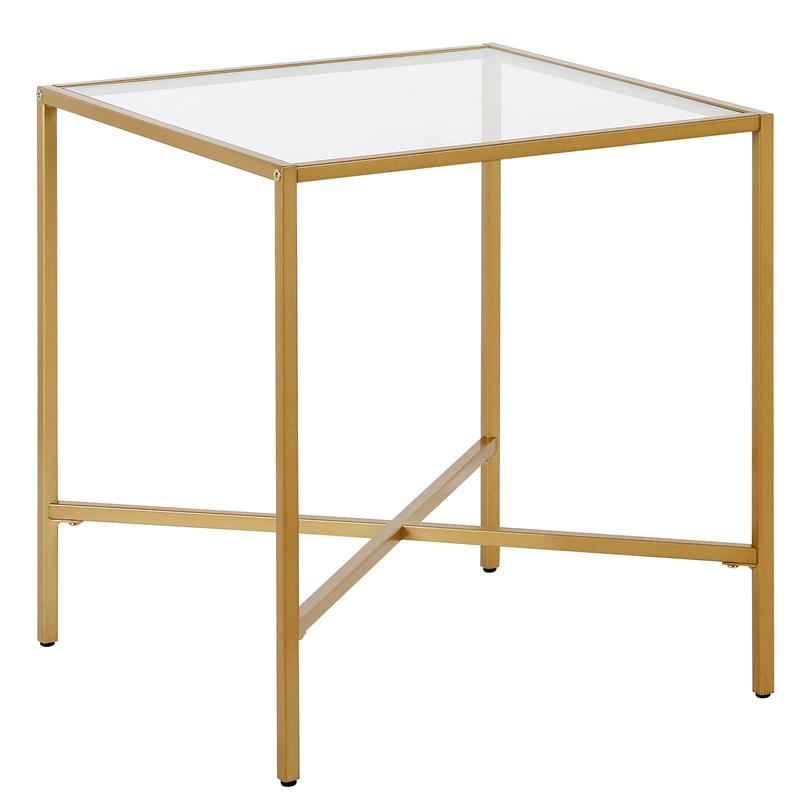 Maklaine Contemporary Side Table with Glass Tabletop in Brass Finish