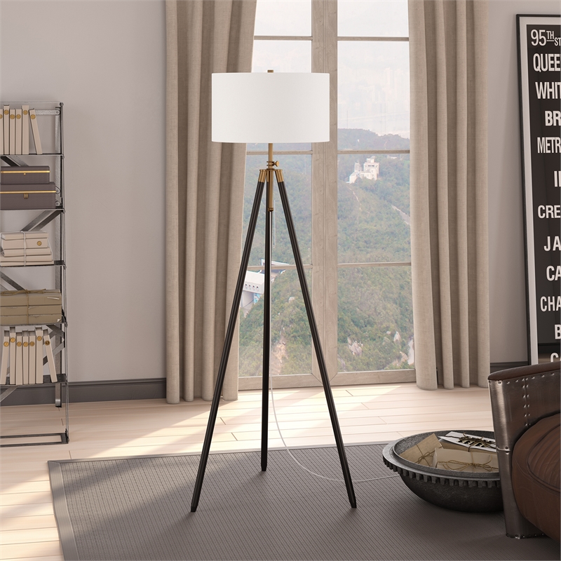 Maklaine Contemporary Two-Tone Antique Brass Tripod Floor Lamp in Black/Bronze