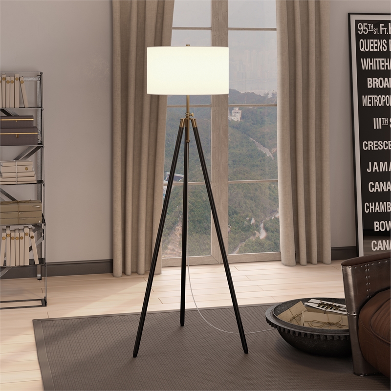 Maklaine Contemporary Two-Tone Antique Brass Tripod Floor Lamp in Black/Bronze