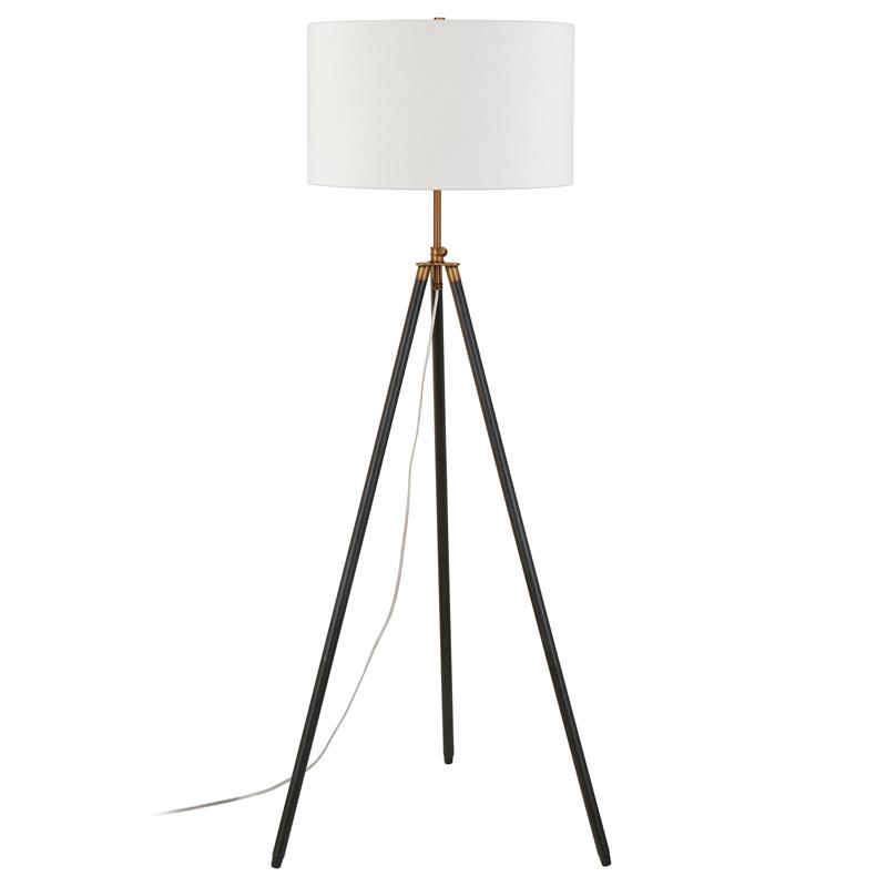 Maklaine Contemporary Two-Tone Antique Brass Tripod Floor Lamp in Black/Bronze