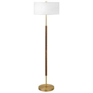 Maklaine Contemporary 2-Bulb Floor Lamp in Rustic Oak and Brass