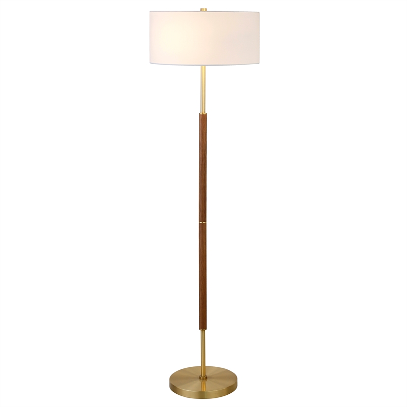 Maklaine Contemporary 2-Bulb Floor Lamp in Rustic Oak and Brass