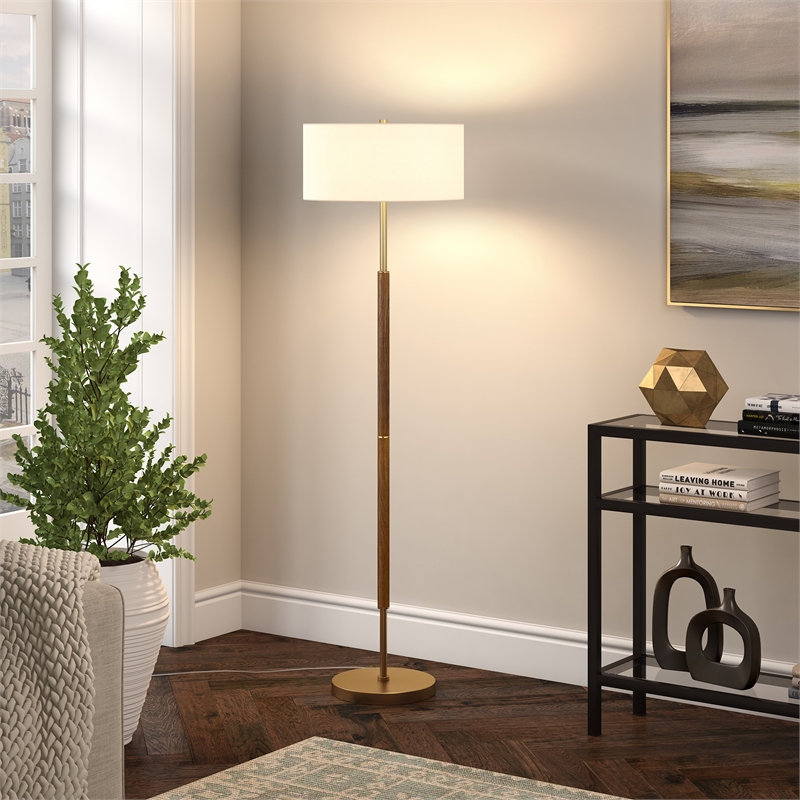 Maklaine Contemporary 2-Bulb Floor Lamp in Rustic Oak and Brass