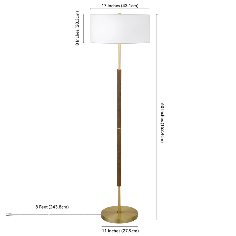 Maklaine Contemporary 2-Bulb Floor Lamp in Rustic Oak and Brass