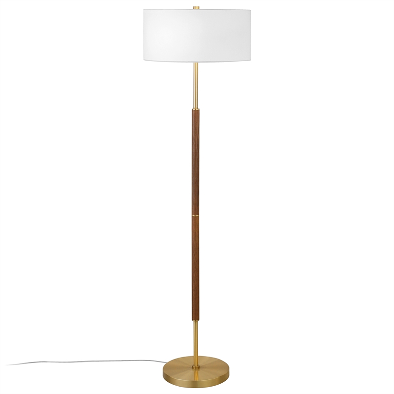 Maklaine Contemporary 2-Bulb Floor Lamp in Rustic Oak and Brass