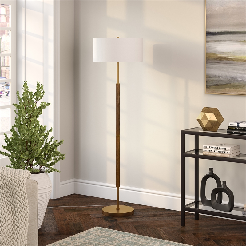 Maklaine Contemporary 2-Bulb Floor Lamp in Rustic Oak and Brass