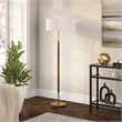 Maklaine Contemporary 2-Bulb Floor Lamp in Rustic Oak and Brass