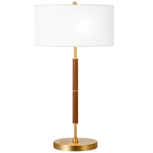 maklaine contemporary 2-bulb table lamp in rustic oak and brass