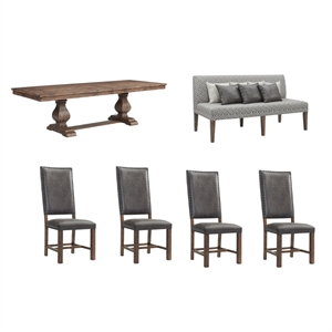 Maklaine 6 Piece  Dining Set with Tall Back Chairs and Settee in Rich Walnut
