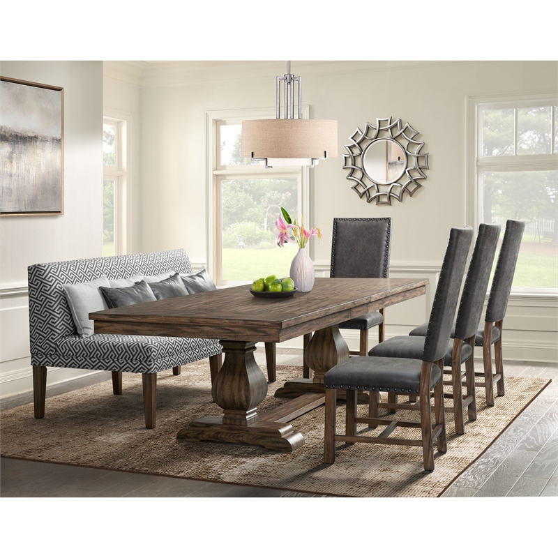 Maklaine 6 Piece  Dining Set with Tall Back Chairs and Settee in Rich Walnut