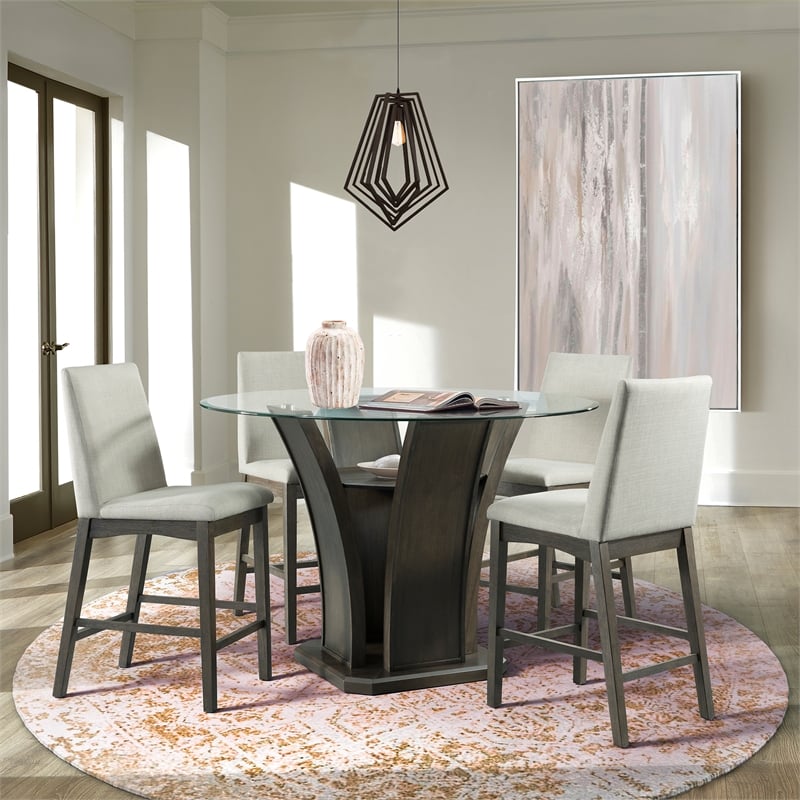 Maklaine Transitional Glass Round Counter Height Dining Table in Walnut