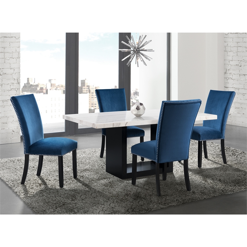 Maklaine Transitional Marble 5PC Dining Set with Blue Chairs in White
